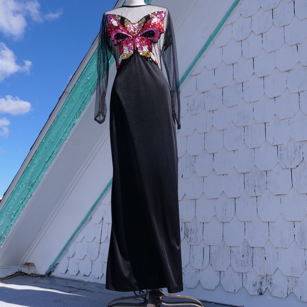 AMAZING vintage 70s Easy Street Fashions sequin butterfly super sexy maxi dress